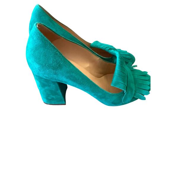Club Monaco Teal Suede Block Heel Loafers Fringe Made in Italy EU 38 US 7.5 8 - Picture 5 of 7